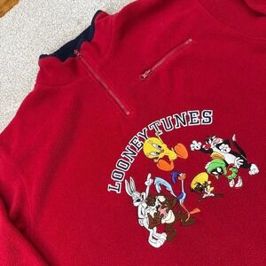 Vintage 90s Warner Bros Looney Tunes Red Quarter Zip Fleece XL Cartoon
